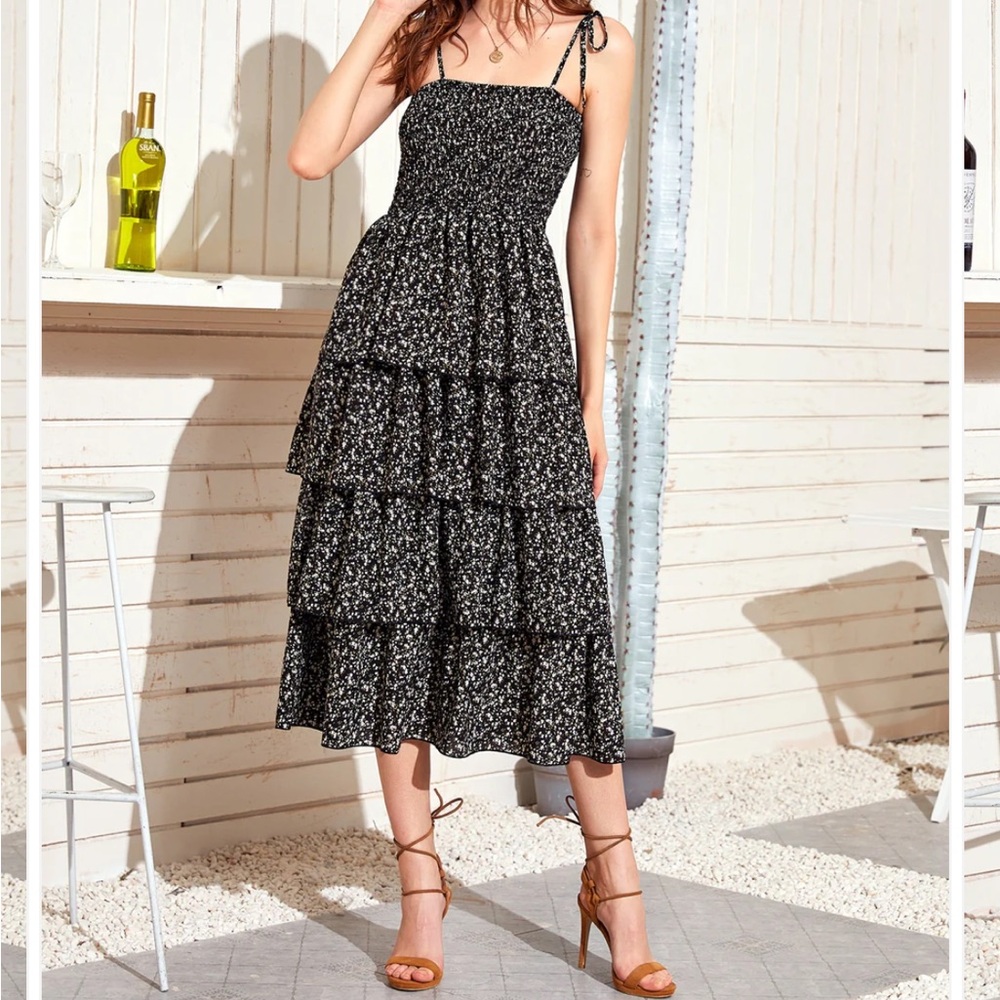 Green Floral Print Tiered Layered Smocked Shirred Cami Midi Dress